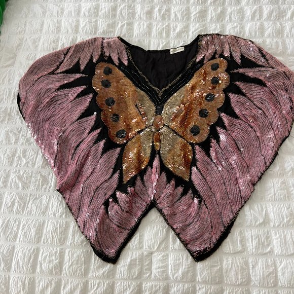 Vintage Sequined Butterfly Blouse / 80's Pink Sequin Embellished Silk Top - Picture 11 of 11